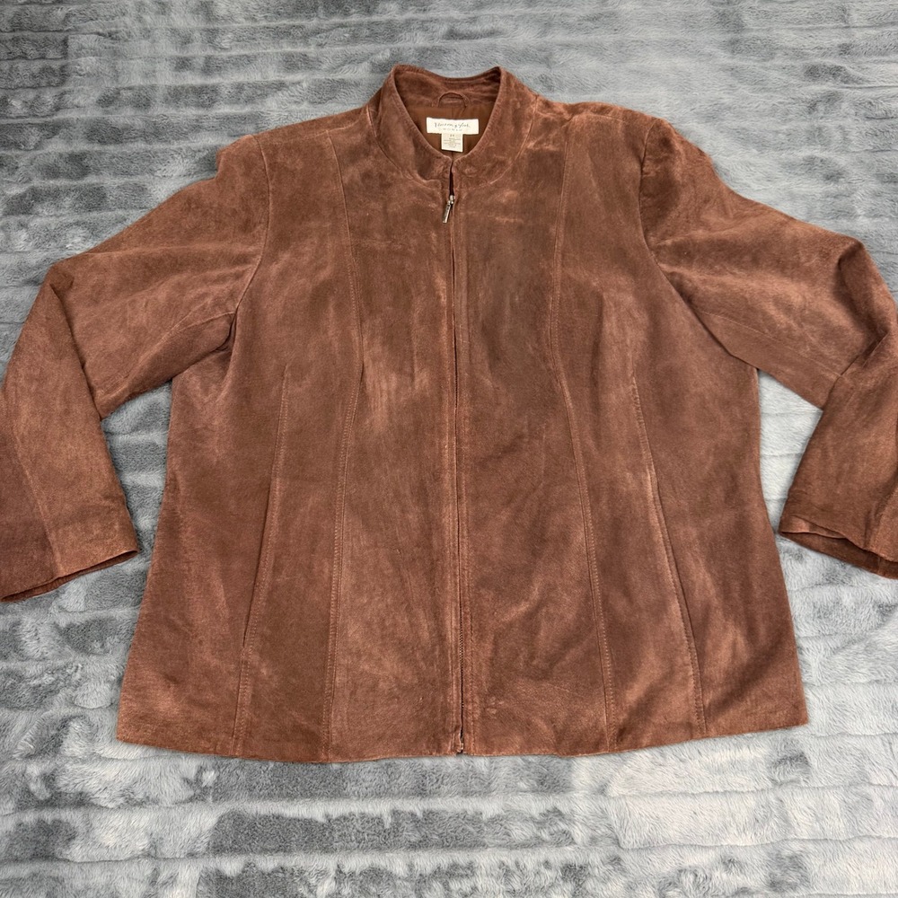 Preston & York Woman Brown Genuine Leather Suede Zip Up Jacket 2X Mock Neck